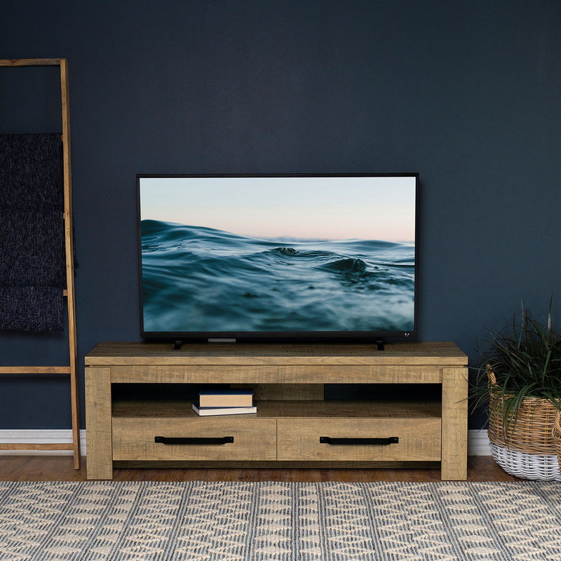 Rectangular mango TV stand with two drawers and center shelf, black bar drawer pulls