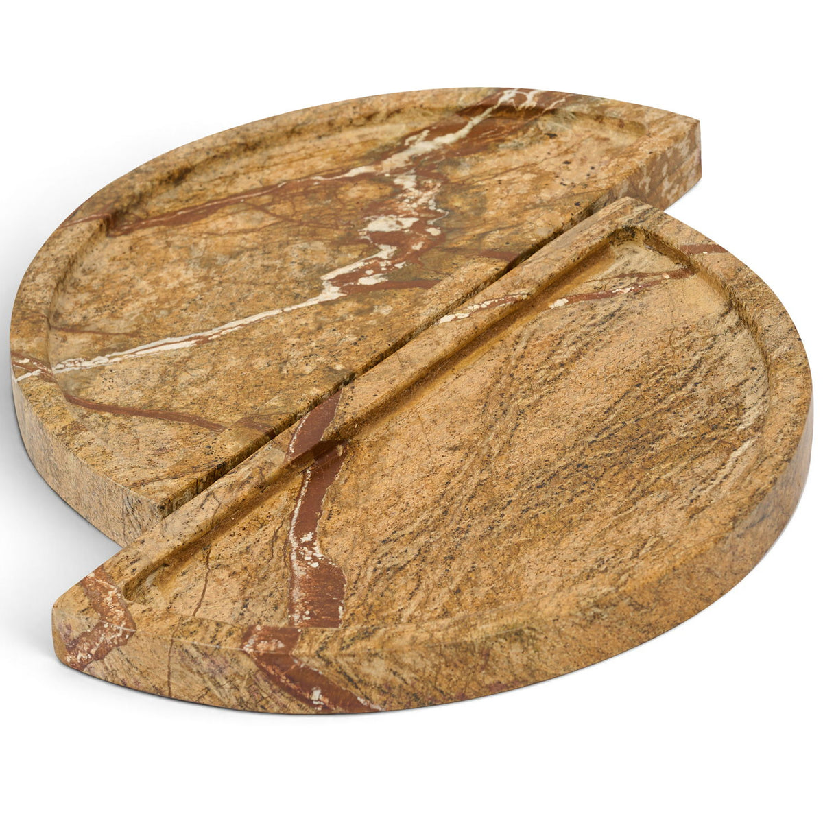 Light brown marble tray with two round hinged sections and a curved cutout handle