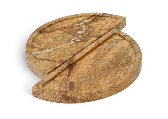 Light brown marble tray with two round hinged sections and a curved cutout handle
