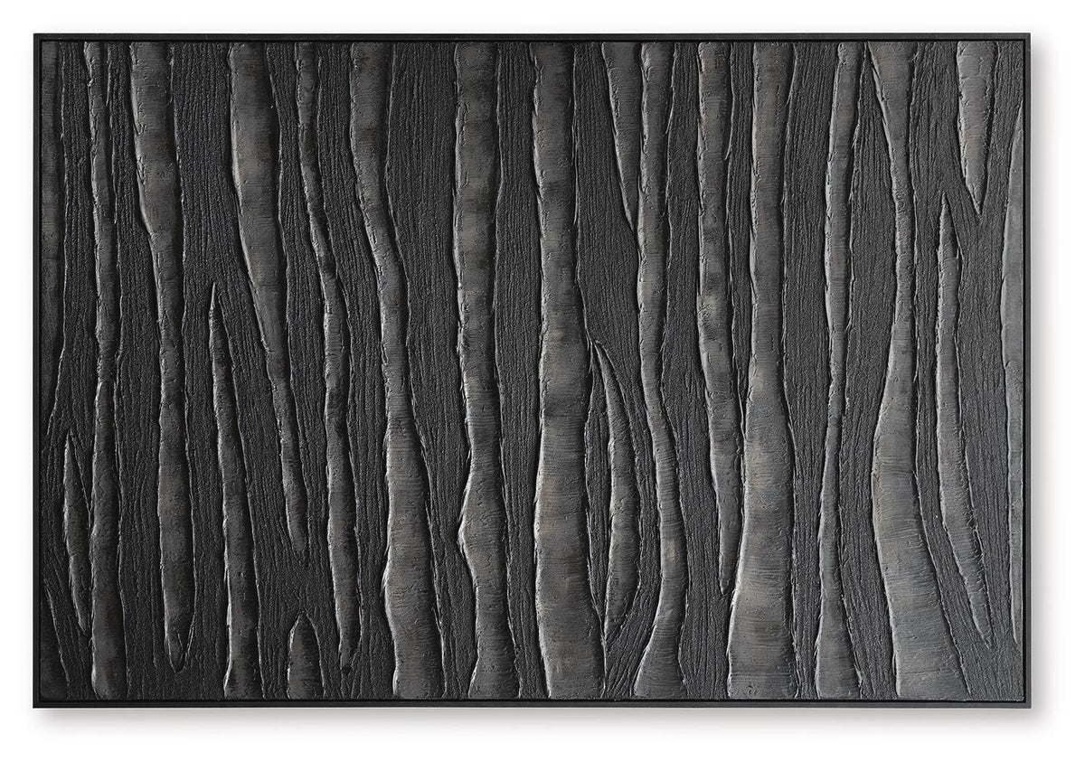 Rectangular framed wall art with vertical black and brown textured lines