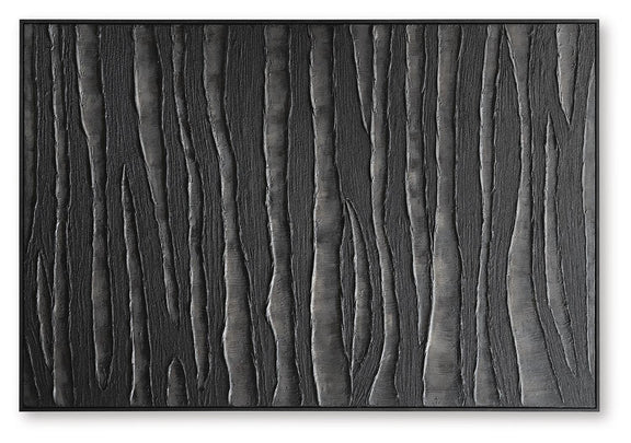 Rectangular framed wall art with vertical black and brown textured lines