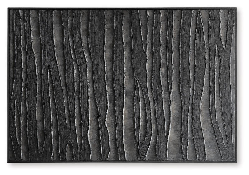 Rectangular framed wall art with vertical black and brown textured lines