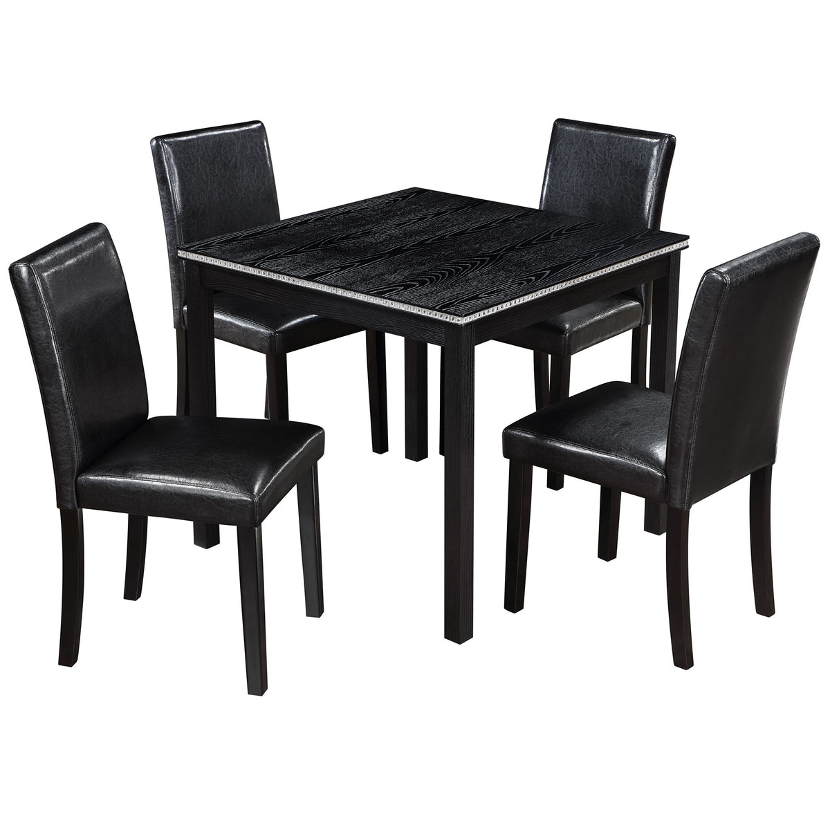 Black square dining table set with 4 upholstered chairs, sleek wood frames