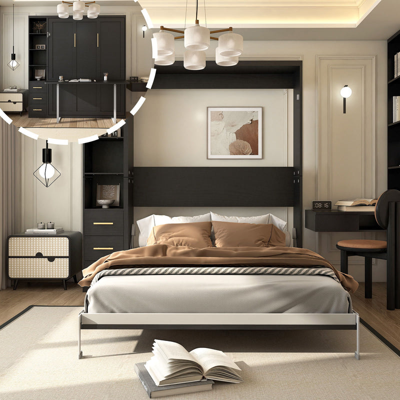 Vertical Murphy wall bed in closed position with wall storage panels, black cabinets, queen bed.