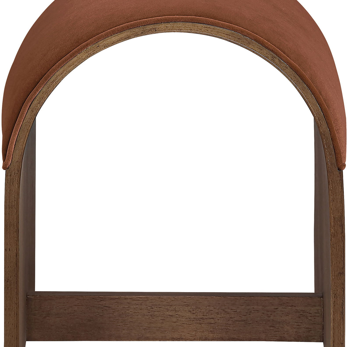 Dark brown velvet upholstered bench end with arched back and dark wood frame