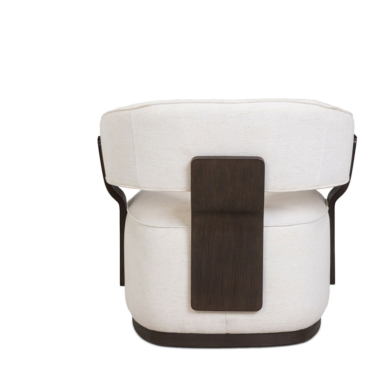 Swivel accent chair in off-white fabric with dark wood front panel and curved arms