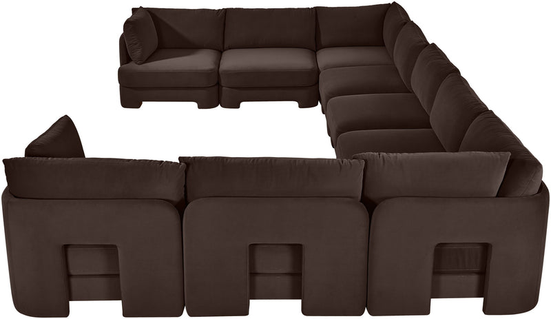 Dark brown velvet modular sectional, 9-piece set, front view with arm and seat blocks.