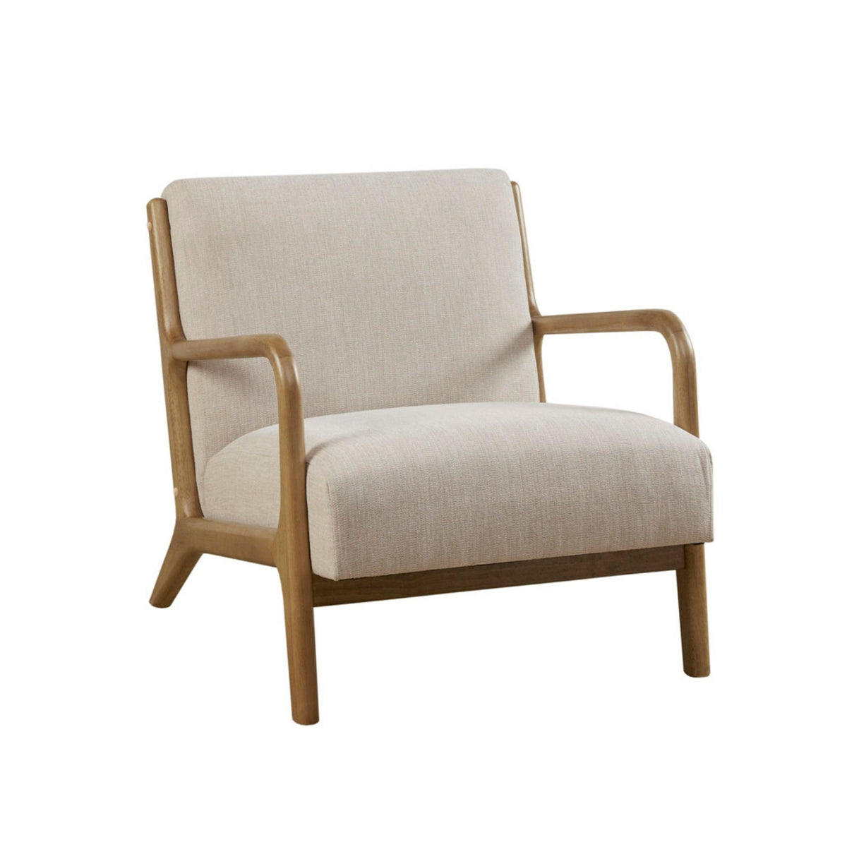 Beige mid-century lounge chair with upholstered seat and curved wooden armrests