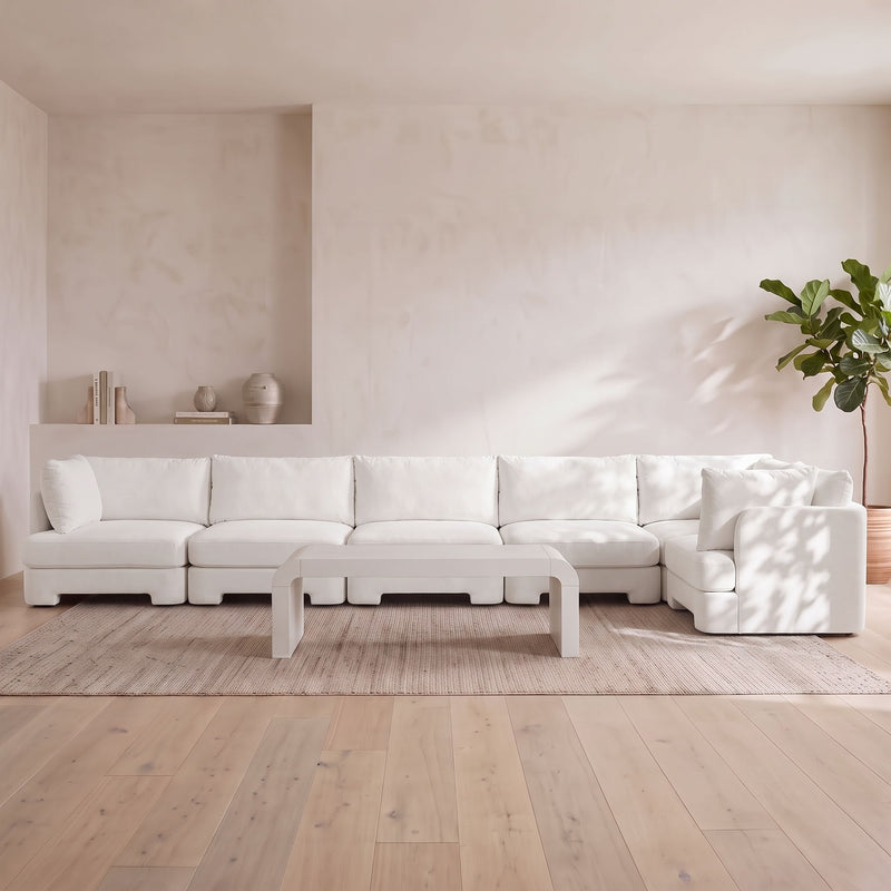 White velvet upholstered L-shaped sectional sofa set with 6 pieces