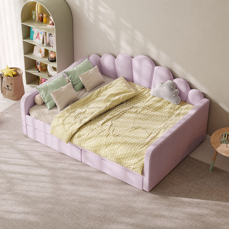 Lavender upholstered daybed frame with shell-shaped headboard and slatted support