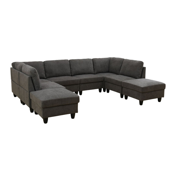 Dark gray U-shape modular sectional sofa with chaise ottoman seats and tufted cushions