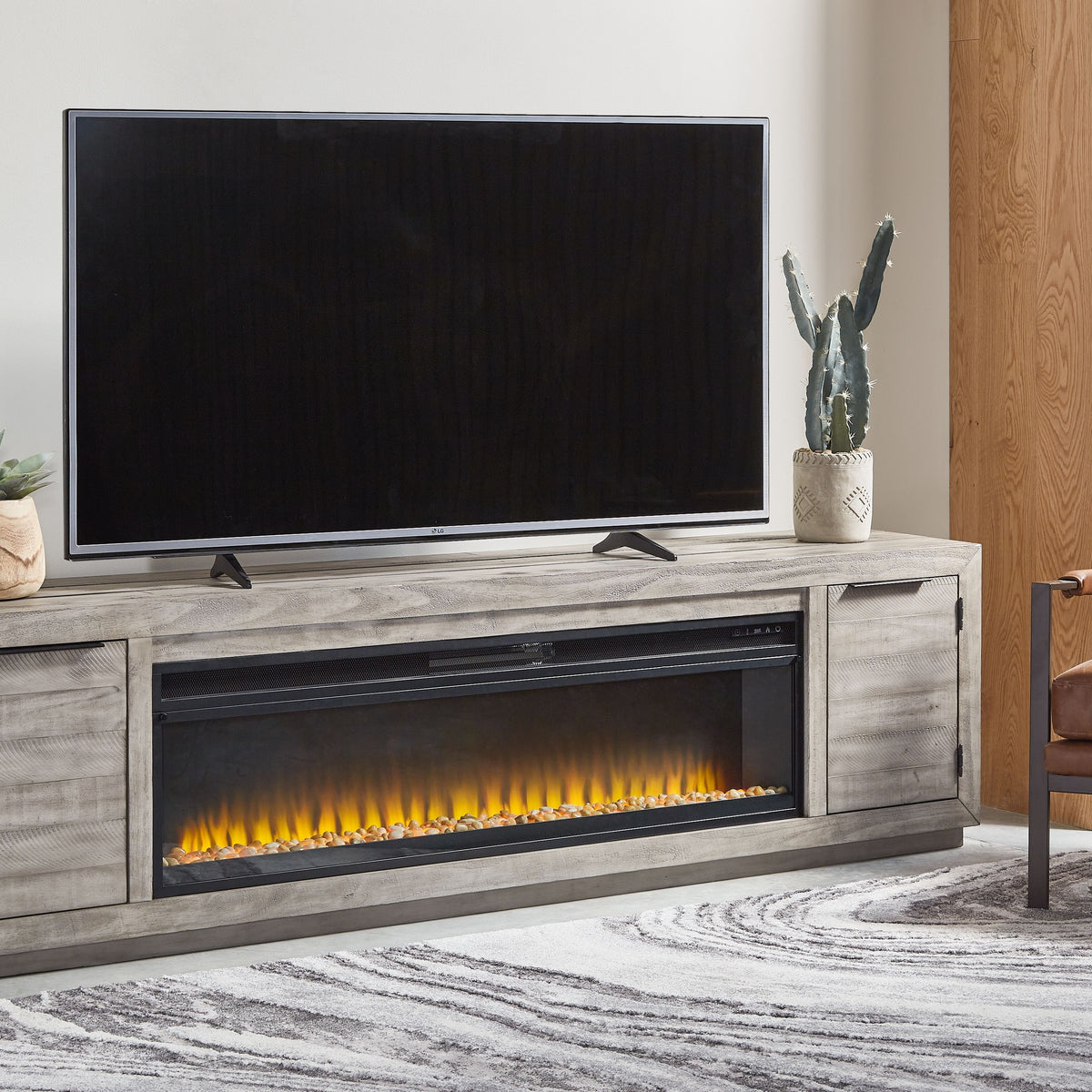 Naydell - Gray - 92" TV Stand with Wide Fireplace Insert