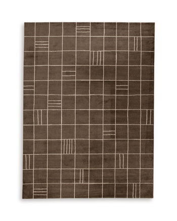 Dark brown grid rug with light beige line pattern, rectangular style