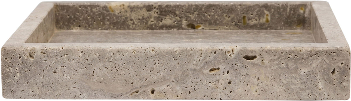 Light-gray marble tray with speckled surface and rectangular raised rim