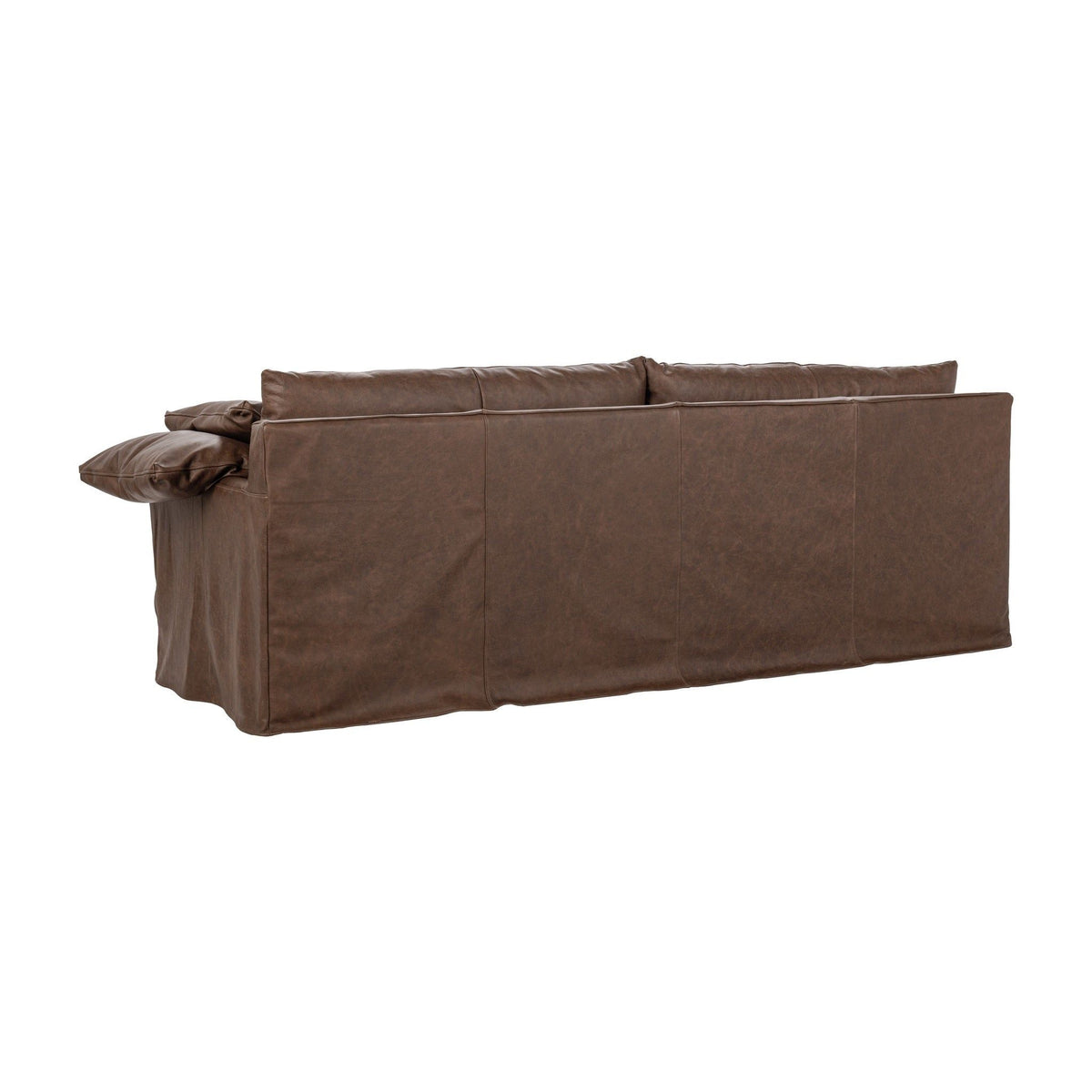 Sofa slip cover in dark brown suede-like fabric, fitted seat and back