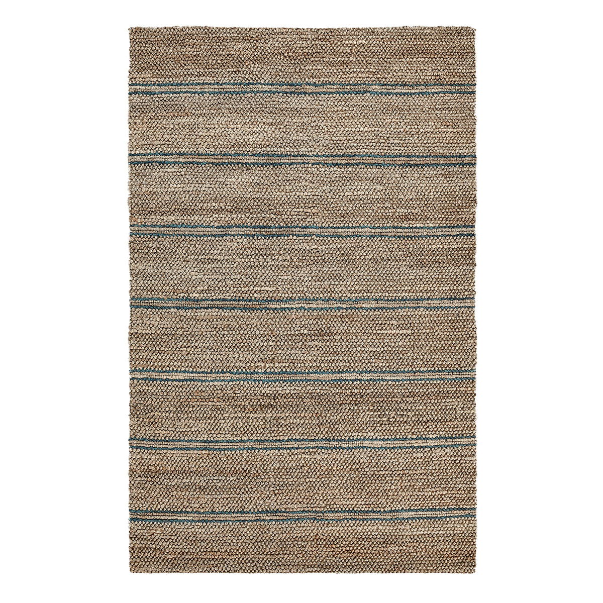 Light brown woven rug with alternating thin blue and tan horizontal stripes