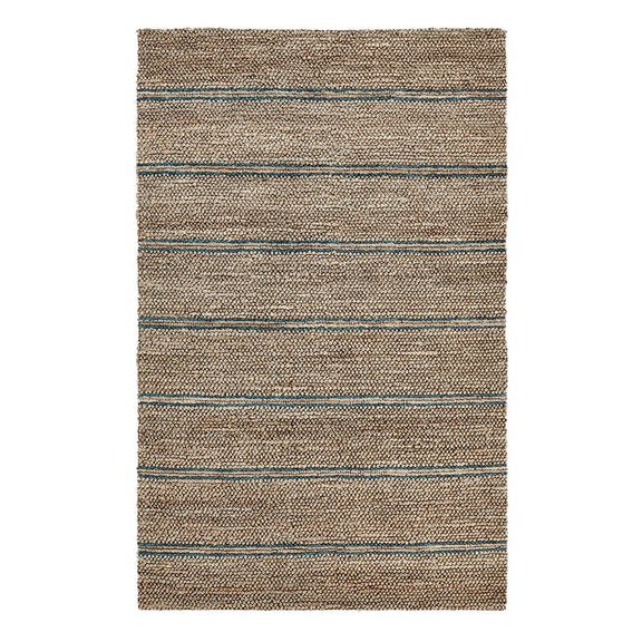 Light brown woven rug with alternating thin blue and tan horizontal stripes
