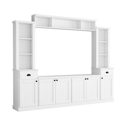 White minimalist entertainment wall unit set with open shelves and center TV opening