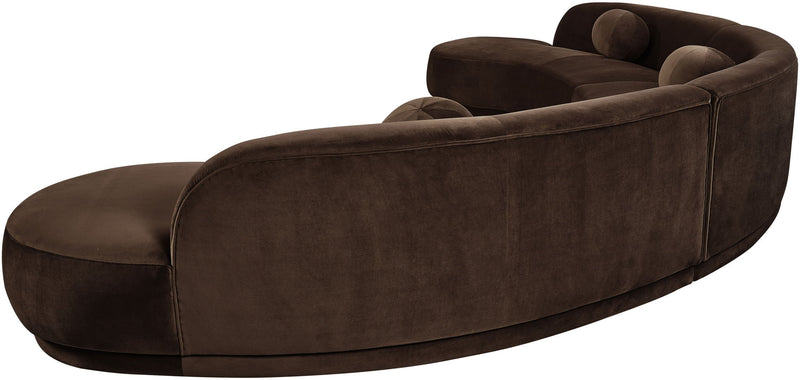 Velvet sectional sofa, dark brown, curved chaise seat, button-tufted cushions