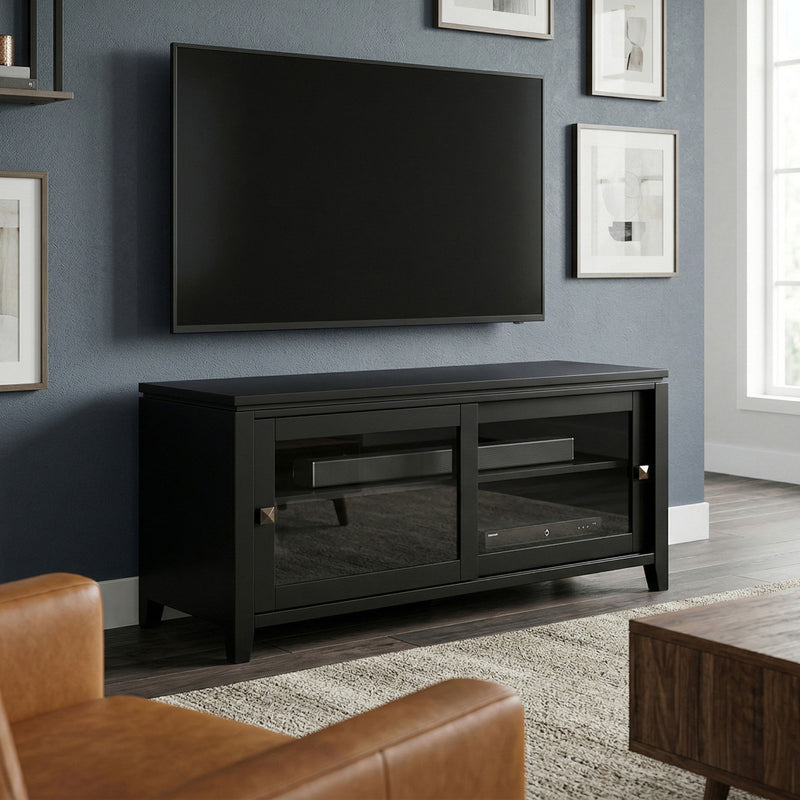 Cosmopolitan handcrafted TV media stand in black, two doors with glass shelves