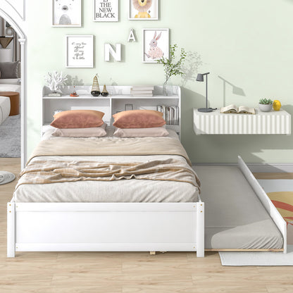 Full Size Bed with Trundle and Bookcase Headboard, White
