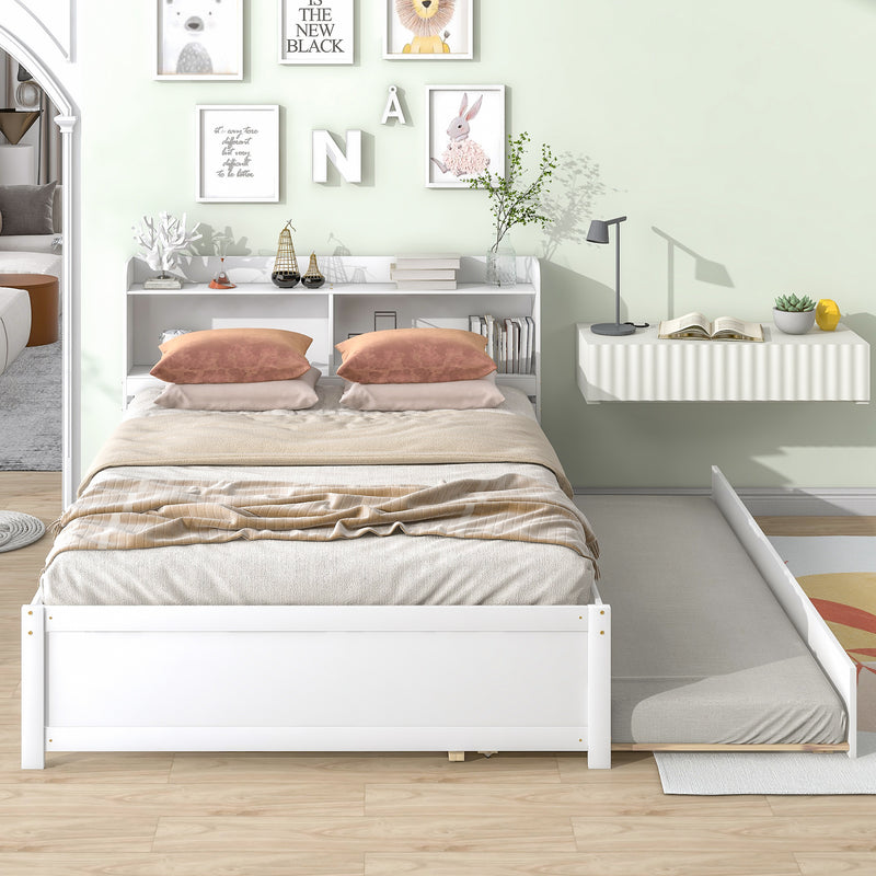 Full Size Bed with Trundle and Bookcase Headboard, White