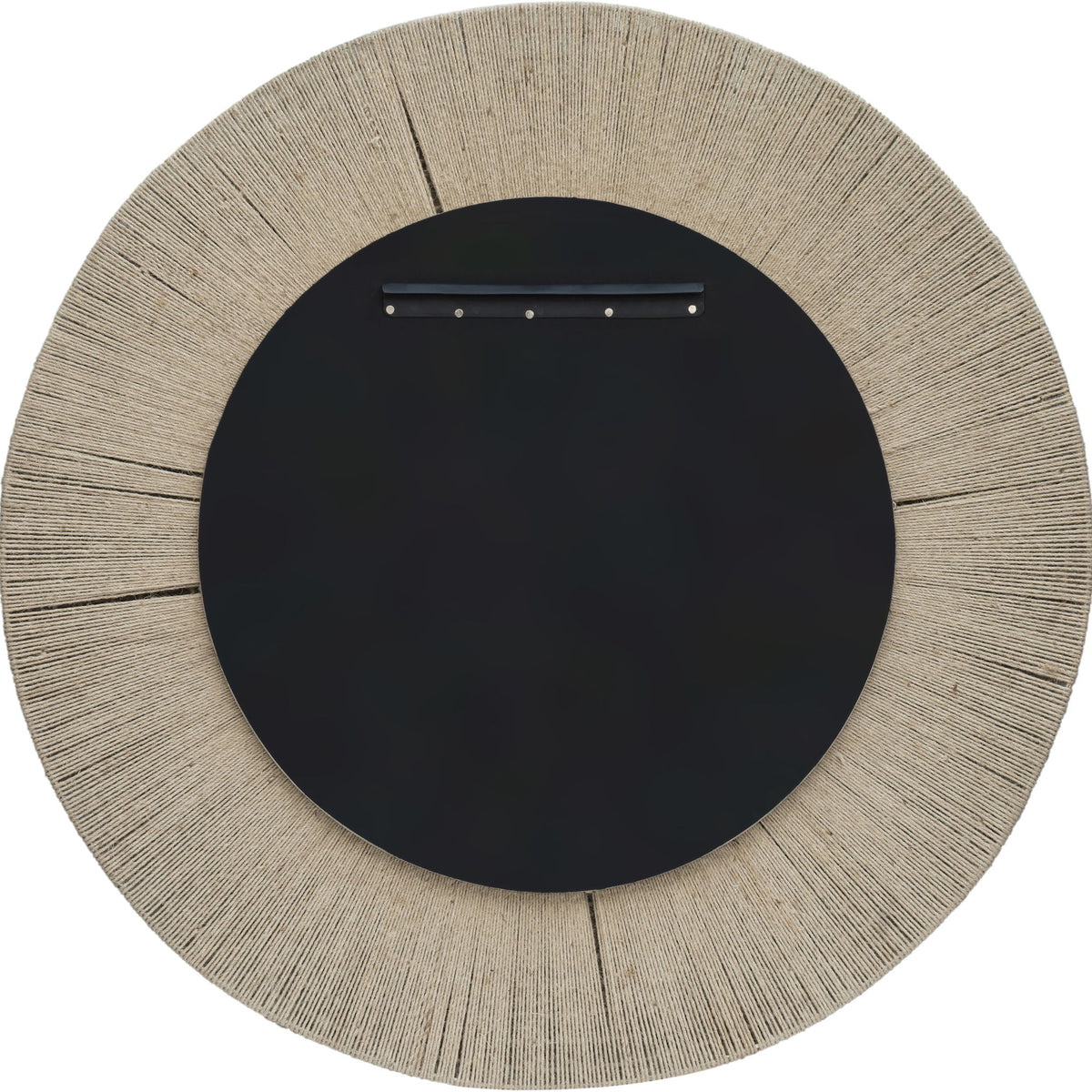 Round jute rope framed mirror with dark backing and metal mounting bar across the top