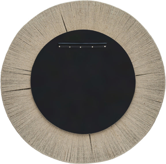 Round jute rope framed mirror with dark backing and metal mounting bar across the top