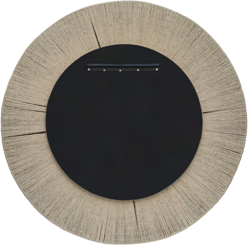 Round jute rope framed mirror with dark backing and metal mounting bar across the top
