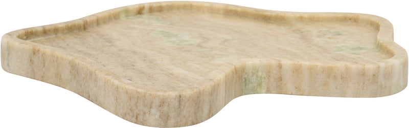 Beige marble tray with natural veining and rounded leaf-like edges.