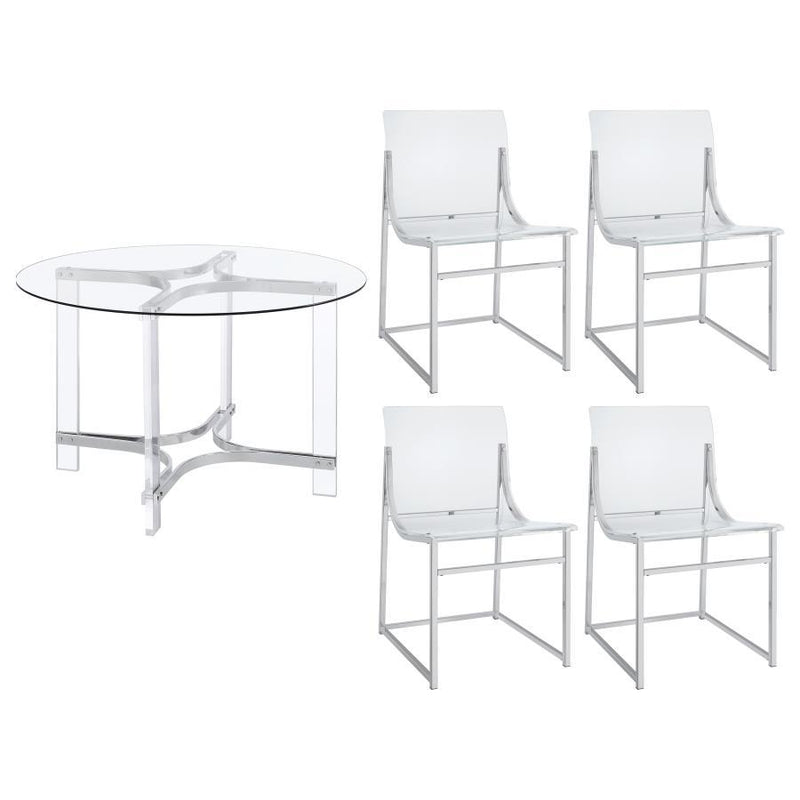 Keeling - 5 Piece Round Glass Top Acrylic Dining Set - Chrome