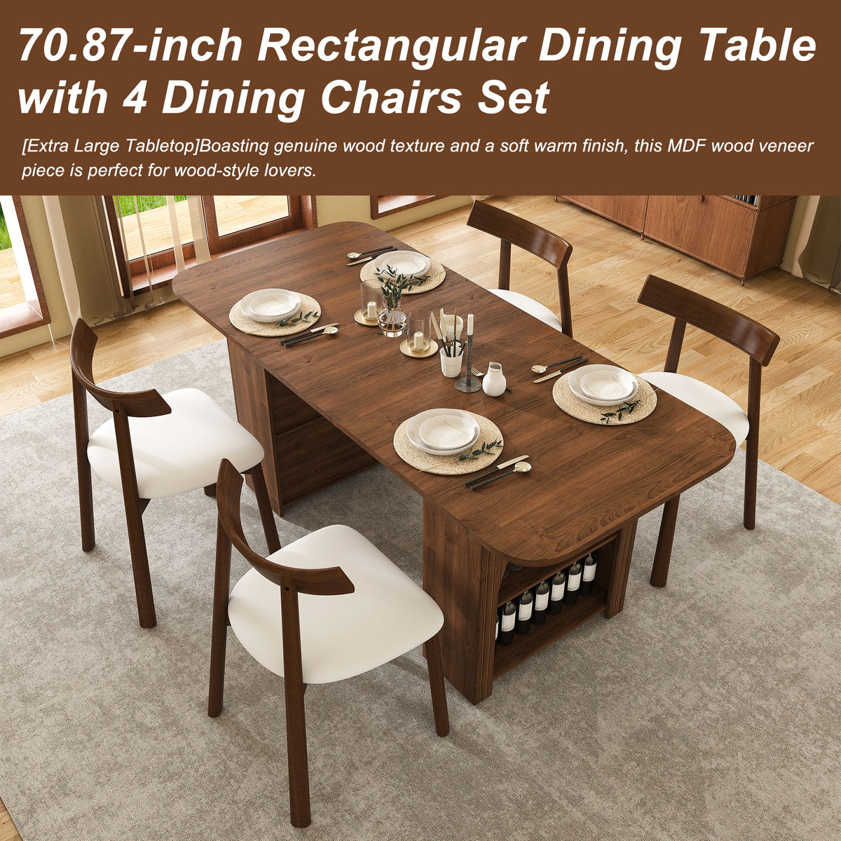 Dining Set With 4 Chairs, Table With Drawers & Open Shelf - Walnut