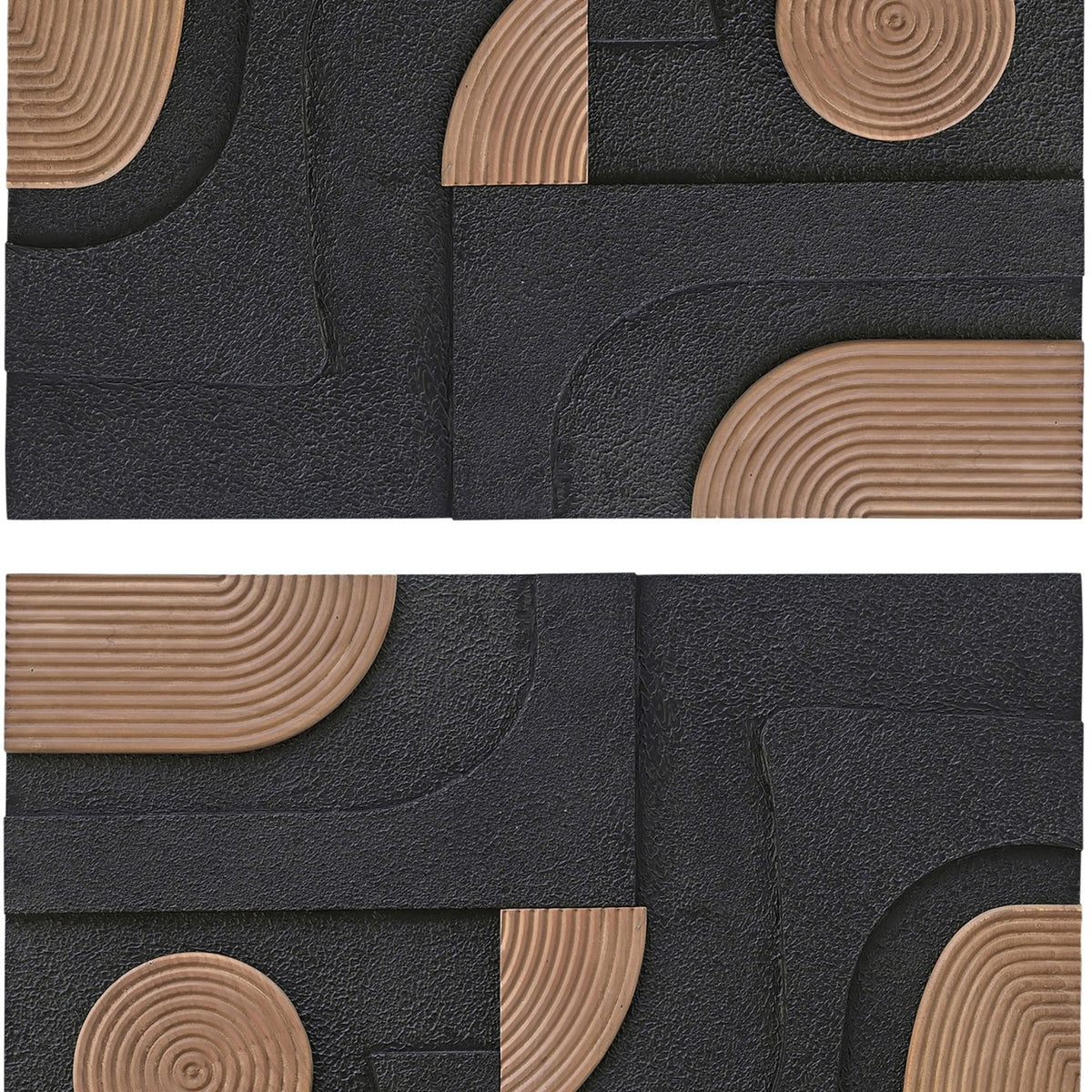 Mango wood wall art set with circular ring motifs on dark textured blocks in tan and black
