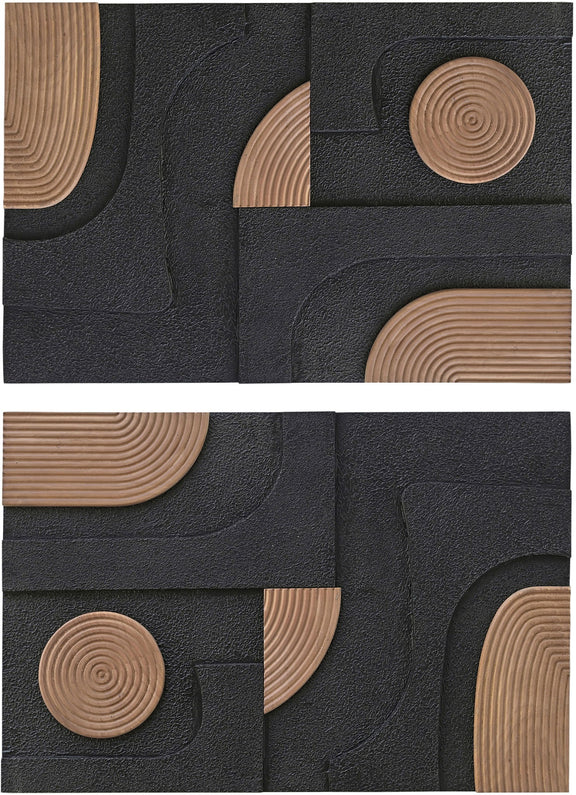 Mango wood wall art set with circular ring motifs on dark textured blocks in tan and black