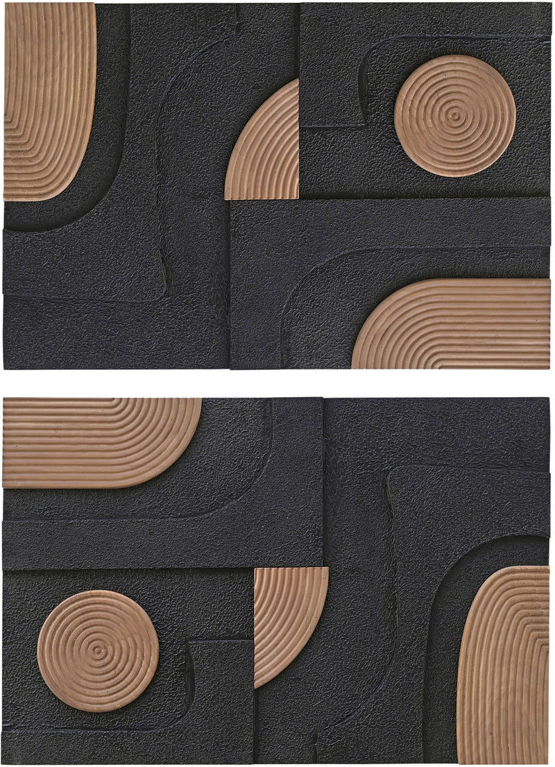 Mango wood wall art set with circular ring motifs on dark textured blocks in tan and black