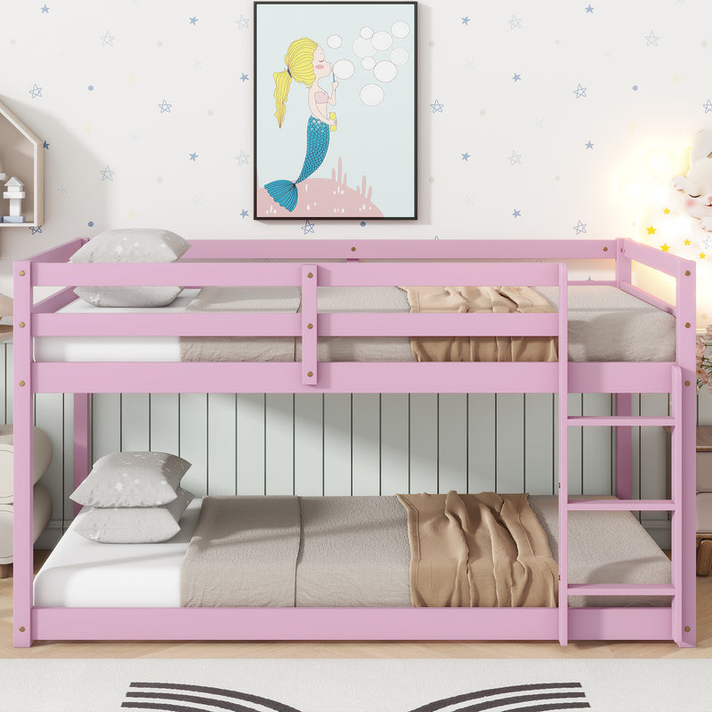 Solid Wooden, Solid Rubber Wooden Twin over Twin Floor Bunk Bed with Ladder, with Bed Platform of Strengthened Slats, Pink