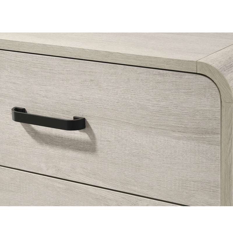 Antique white nightstand drawer with black bar pull handle, front view detail