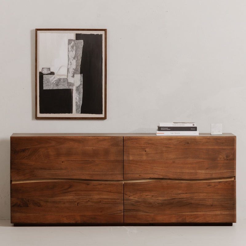 Brown wood 4-drawer dresser with two upper and two lower drawers, flat front panels