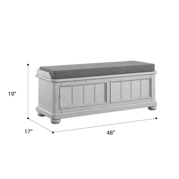 Gray fabric storage bench, 48" wide, 19" high, 17" deep, paneled doors