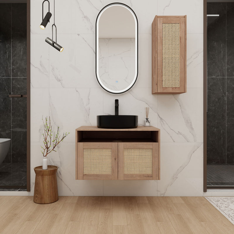 Bathroom vanity with rattan cabinet doors, black vessel sink, and side cabinet