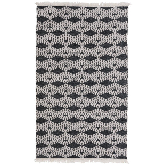 Rectangular indoor/outdoor rug, dark charcoal and cream chevron diamonds, fringed edges