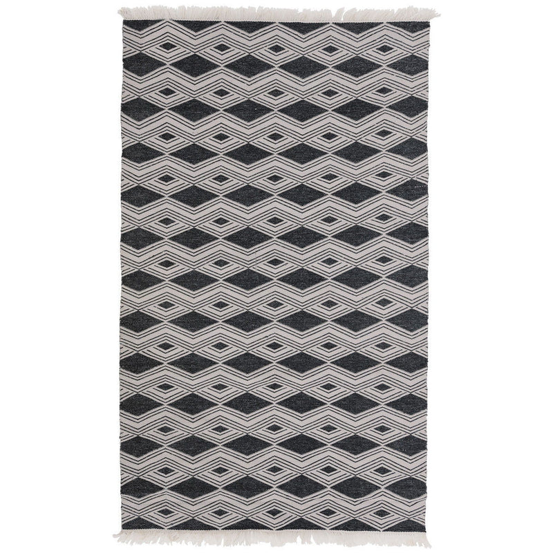 Rectangular indoor/outdoor rug, dark charcoal and cream chevron diamonds, fringed edges
