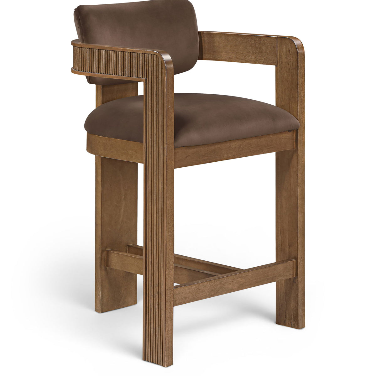 Dark brown velvet stool chair with ribbed wood sides and cushioned seat/back.