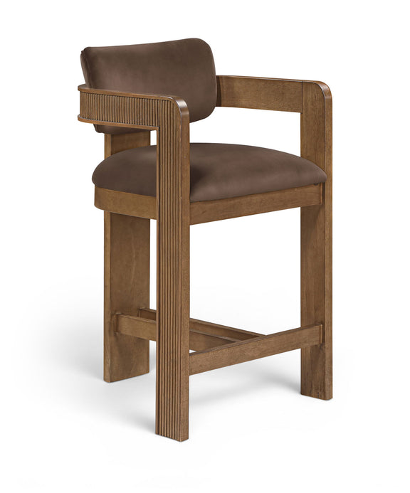 Dark brown velvet stool chair with ribbed wood sides and cushioned seat/back.
