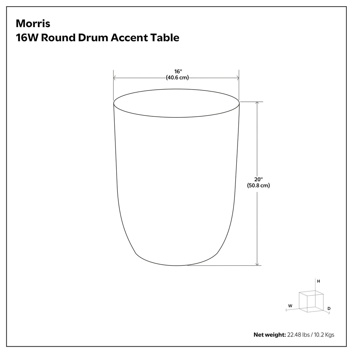 Round drum accent table line drawing with overhead and side view dimensions