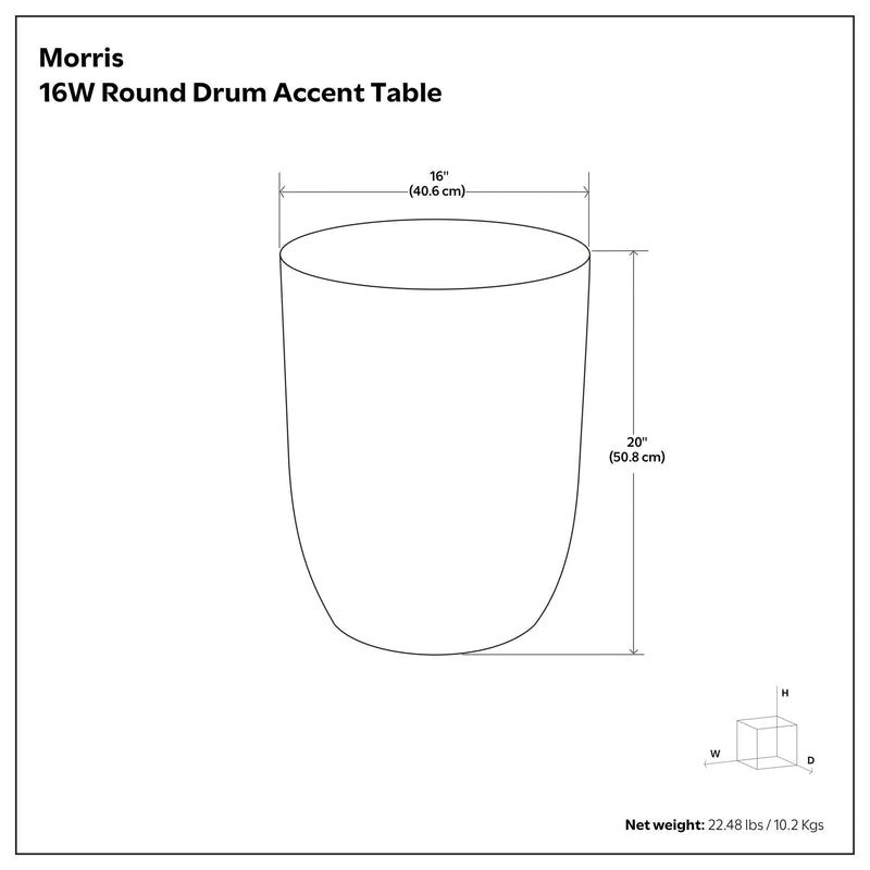 Round drum accent table line drawing with overhead and side view dimensions