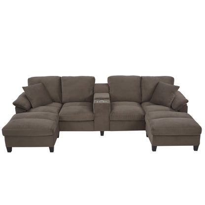 Dark brown U-shaped sectional sofa with storage ottomans and padded side cushions
