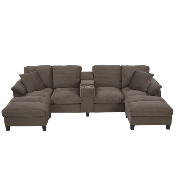 Dark brown U-shaped sectional sofa with storage ottomans and padded side cushions