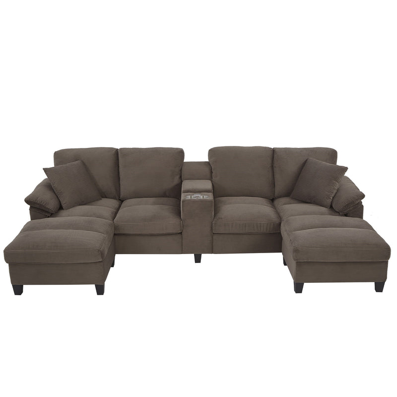 Dark brown U-shaped sectional sofa with storage ottomans and padded side cushions
