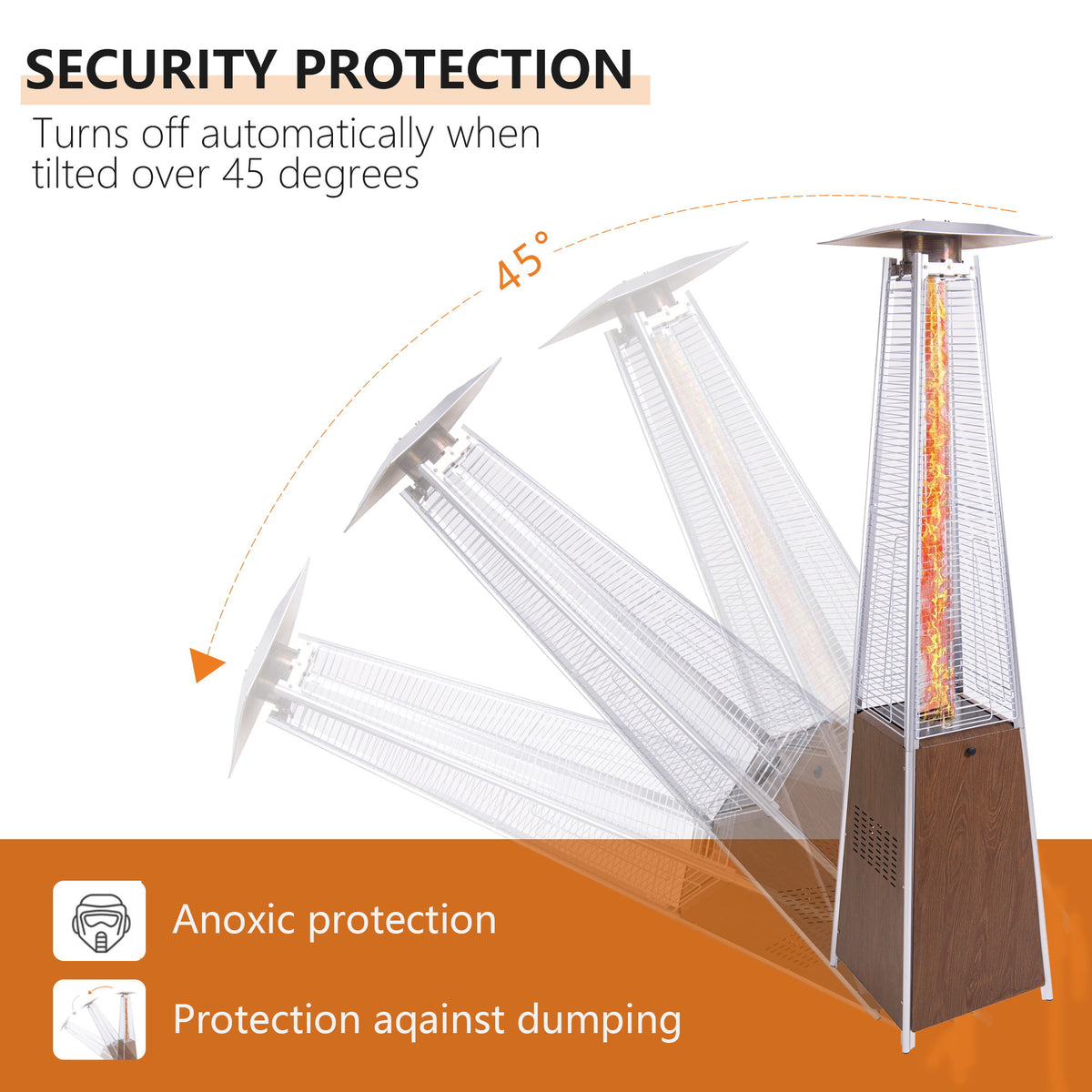 Dark brown patio heater with tilted upper heating housing and glowing burner